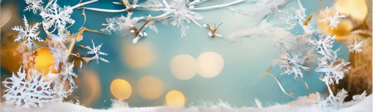 paper art branches and snowflakes against bokeh background, Christmas and Happy New Year background design. Copy space template animation web banner