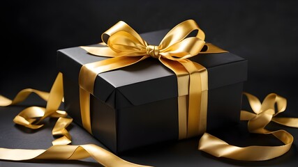 Gift box and golden ribbon on black background