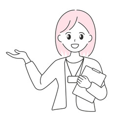 女性が手で案内しているシンプルな線画イラスト
