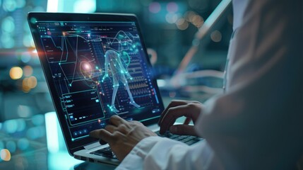 physicianr using laptop, medical science, medical technology (close up, focus on, copy space) vibrant screen and interface