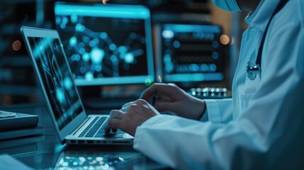 physicianr using laptop, medical science, medical technology (close up, focus on, copy space) vibrant screen and interface