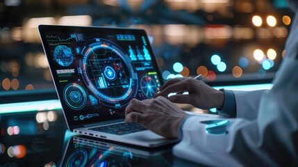 physicianr using laptop, medical science, medical technology (close up, focus on, copy space) vibrant screen and interface