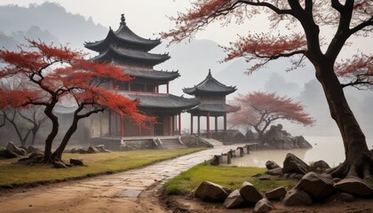 Fototapeta premium Ancient Chinese Pagoda in Misty Forest.
