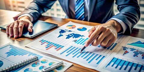 Fingers pointing to charts and graphs on a cluttered desk, highlighting crucial data and trends in a comprehensive global economic analysis and forecasting report.