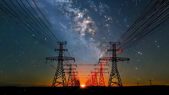 Electricity transmission towers with orange glowing wires the starry night sky. Energy infrastructure concept, energy, electricity, voltage, supply