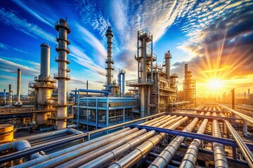 Vibrant blue sky overlooks a sprawling industrial metal pipeline landscape of an oil and gas factory, featuring intricate networks and towering structures on a sunny day.