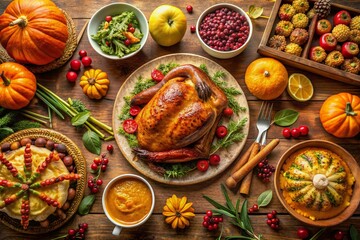 Vibrant autumnal colors abound in this overhead shot of a lavishly set Thanksgiving table, featuring a sumptuous turkey, savory sides, and delectable desserts.