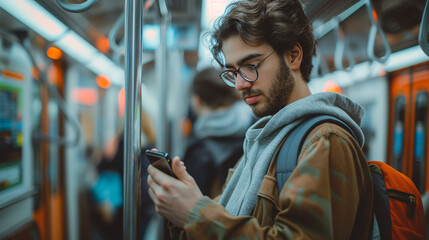 Young Man Using Smartphone on Subway Train During Evening Commute in Urban Setting