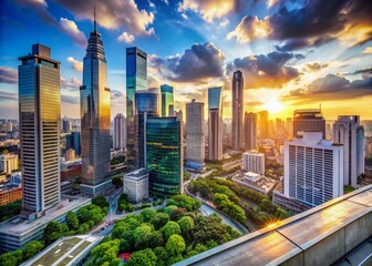 Fototapeta premium Panoramic cityscape from rooftop vantage point, showcasing modern skyscrapers, busy streets, and vibrant urban landscape, symbolizing economic growth, strategic capital investment.
