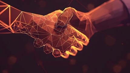Vector isolated brotherly handshake. Low poly wireframe and points. Polygonal 3D white agreement concept on dark background. Business concept with geometry triangle. Abstract deal mash line origami. 