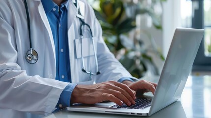 Doctor interacting with laptop in clinic, health tech, medical science, back perspective