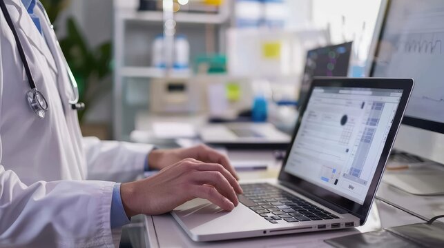 Doctor in office using laptop, modern healthcare technology, digital medical solutions, rear view