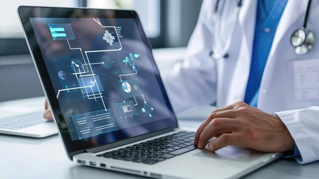 Healthcare provider on laptop, digital health records, medical technology integration, science and tech