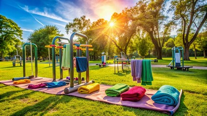 Vibrant sunny day at a park, abandoned fitness equipment and colorful towels scattered around, indicating a fun group workout session just took place outdoors.