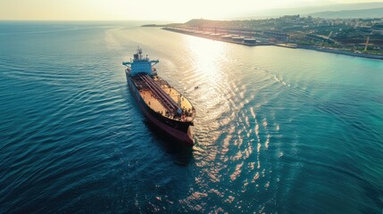 Oil tanker in deep blue ocean, top view, expansive sea, clear weather, minimalistic design, shipping port in the distance