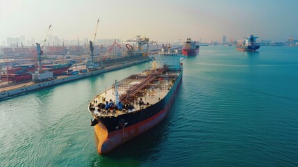 Obraz premium Oil tanker in deep blue ocean, top view, expansive sea, clear weather, minimalistic design, shipping port in the distance