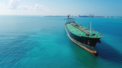 Fototapeta premium Oil tanker in deep blue ocean, top view, expansive sea, clear weather, minimalistic design, shipping port in the distance