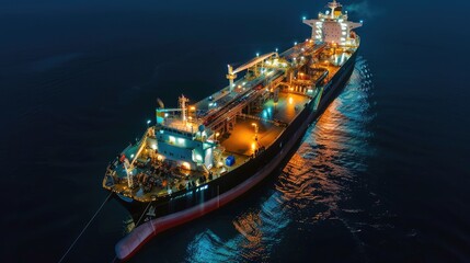Oil tanker cruising through a vast ocean, top view, clear blue waters, bright sunlight, distant shipping port, minimalistic composition