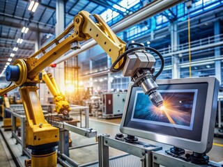 A sleek robotic arm, equipped with automated welding technology, operates with precision in a modern factory, monitored by advanced real-time software on a large screen display.