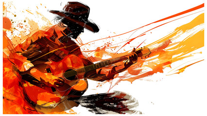 Guitar player made with paint splash isolated on a transparent background, PNG 