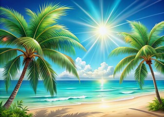 Vibrant summer background illustration featuring a serene tropical beach with swaying palm trees, turquoise ocean, and bright sunshine, evoking feelings of relaxation and travel.