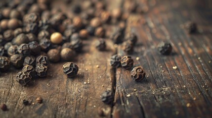 Fototapeta premium Close up of peppercorn on wooden table