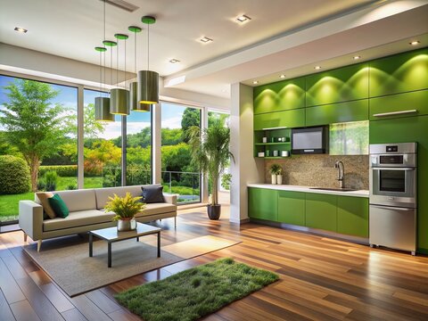 Modern eco-friendly home interior features sleek green walls, energy-efficient appliances, and smart tech integration, showcasing sustainable living in a stylish and contemporary setting. - Powered by Adobe