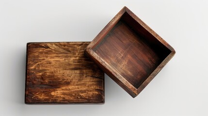 Antique wooden box and lid on white background vintage style with space for text