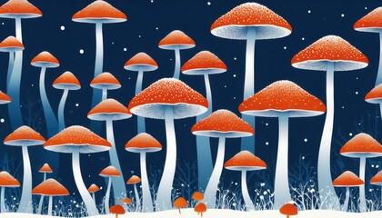 Orange Mushrooms in a Snowy Forest.