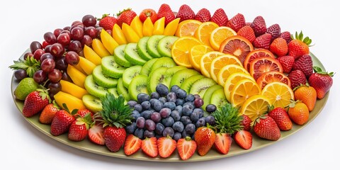 Vibrant fruit platter artfully arranged in a rainbow shape, featuring juicy grapes, strawberries, pineapple, kiwi, and orange slices on a crisp white background.