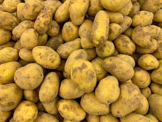 Top view of raw potatoes displayed in supermarket. Healthy food concept.