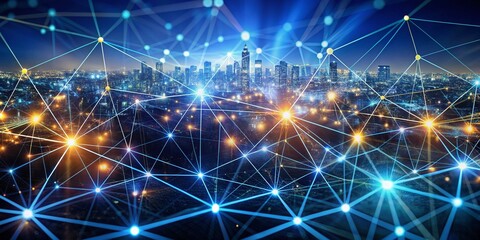 A futuristic glowing network of nodes and lines represents connection and knowledge sharing among cybersecurity professionals at industry conferences and workshops.