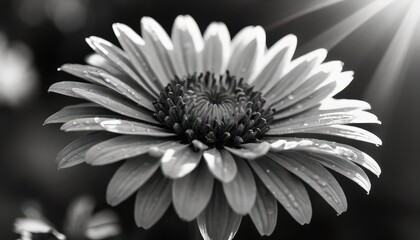 Black and White Flower with Water Droplets.