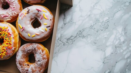 Doughnuts in box with marble backdrop and space for text