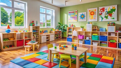 Vibrant daycare classroom with alphabet blocks, stacking toys, and educational posters on walls, inviting children to learn and play in a stimulating environment.