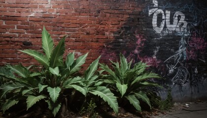 Green Plants against a Brick Wall with Graffiti.