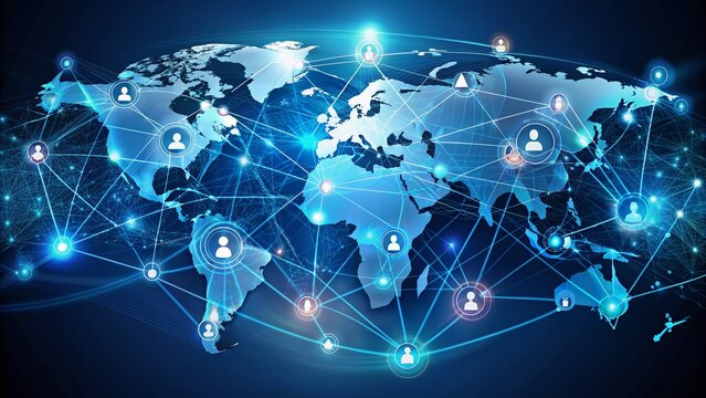 Global business structure illustration with interconnected nodes and lines representing networking, data exchange, customer connection, HR recruitment, global outsourcing, and customer service.