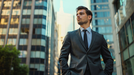 街角に立つビジネスマン男性_Businessman standing on a street corner