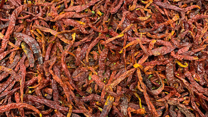 Top view of dry red chili displayed in supermarket. Healthy food nutrition concept