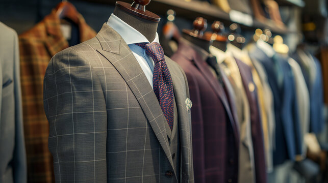 紳士服店の店内に並ぶビジネススーツのイメージ背景_Background of an image of business suits lined up inside a men's clothing store