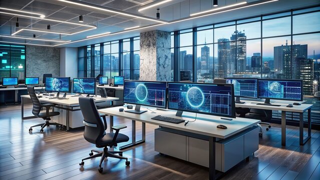 Sleek, futuristic workstations with multiple screens display complex quantum computer schematics, coding lines, and big data visualizations in a modern, minimalist office setting.