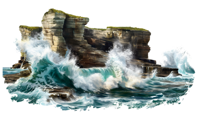 Rocky cliff besides ocean isolated on a transparent background, PNG 