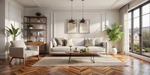 Serene modern living room featuring a sleek white sofa on rich wooden parquet flooring, surrounded by minimalist Scandinavian-inspired interior design elements.