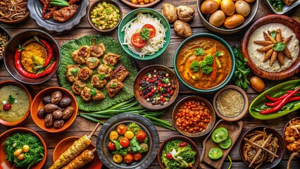 Fototapeta premium Vibrant aerial view of eclectic fusion dishes, blending international flavors and textures, showcasing rich cultural heritage against a warm, ambiently lit culinary backdrop.