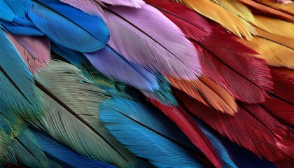 Fototapeta premium カラフルな鳥の羽の背景画像（Background image of colorful bird feathers.） 