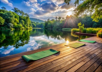 Naklejka premium A tranquil outdoor yoga setting featuring a serene lake, lush greenery, and a wooden deck with yoga mats, awaiting a meditative practice.