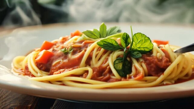 Tasty appetizing classic italian spaghetti pasta with tomato sauce