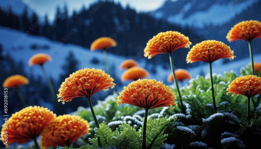 Wall mural Orange Flowers in the Snow.