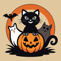 fun and spooky vector illustration for a Halloween, pumpkin with a mischievous grin, a silhouetted black cat with an arched back, a flying bat, and a spooky 
