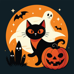 fun and spooky vector illustration for a Halloween, pumpkin with a mischievous grin, a silhouetted black cat with an arched back, a flying bat, and a spooky 